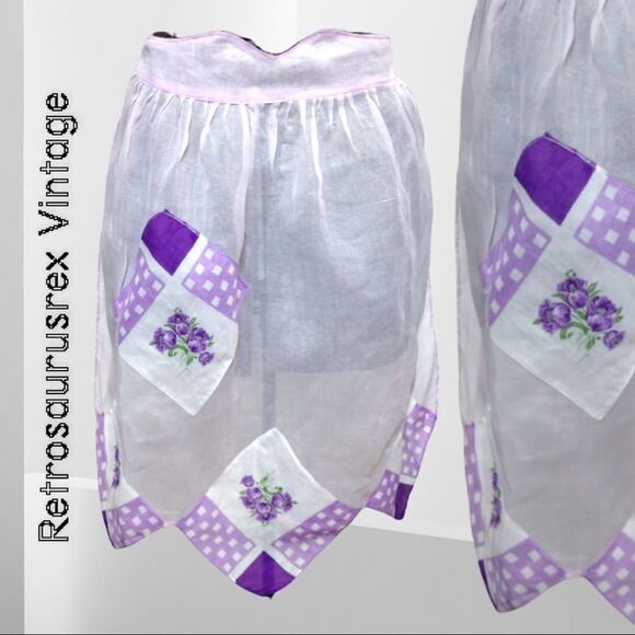 VINTAGE 1950's Sheer Lavender Kitchen Apron with Quilt Squares,Rockabilly/Pin Up - Picture 3 of 7